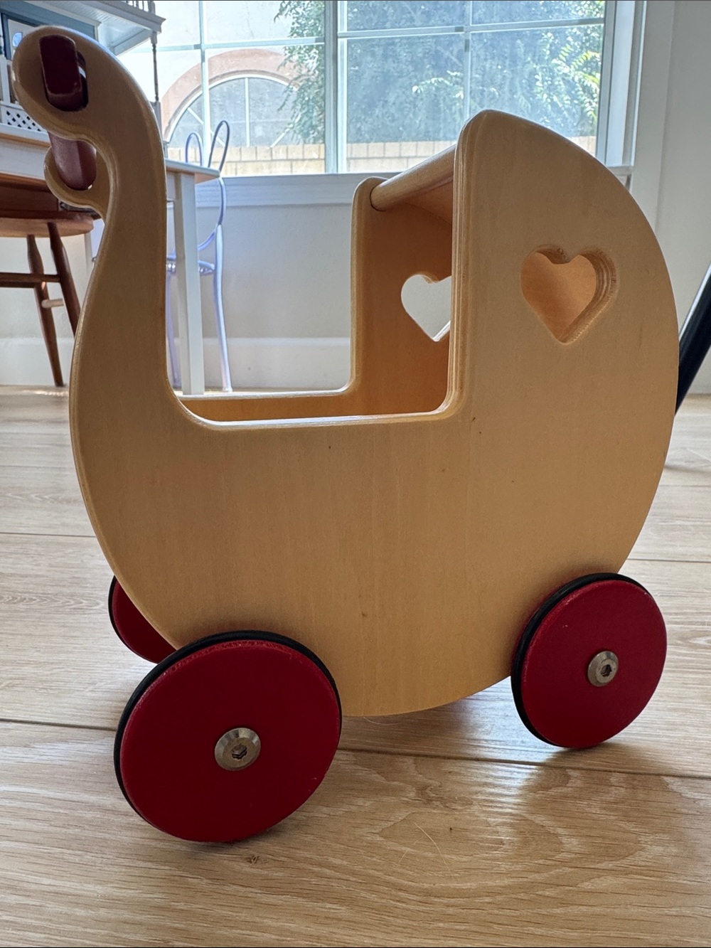 Moover Wooden Doll Pram with Heart Cutouts - Natural & Red